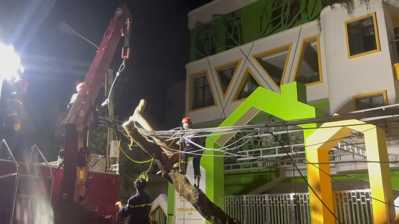 Phòng Cảnh sát PCCCC và CNCH phối hợp Công An quận Ngô Quyền dọn dẹp nhiều cây đổ chắn ngang đường Phạm Minh Đức đêm 9/9/2024